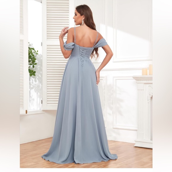 Off The Shoulder Chiffon Ruffle Pleated Formal Evening Dress with Pockets - Picture 2 of 11